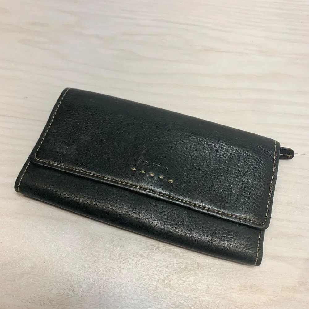 Fossil Women’s Black Leather Wallet Clutch‎ Credit Card Slots Zip